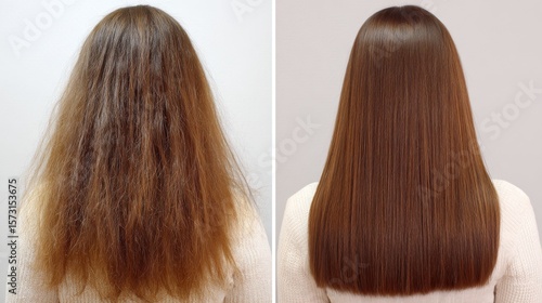 Before and after comparison of keratin hair treatment showing damaged and healthy strands