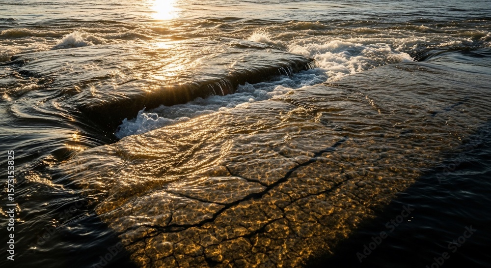 Fototapeta premium Golden Hour River Rapids: Water Cascading Over Textured Rocks at Sunset
