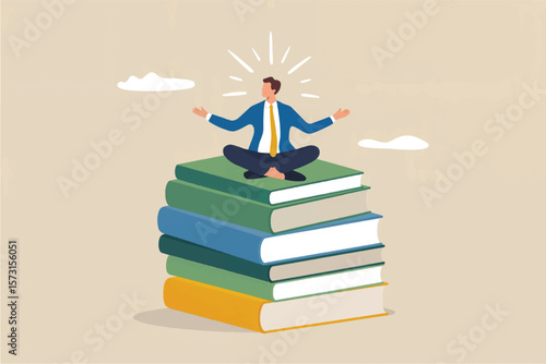 Businessman meditating peacefully on a stack of colorful books symbolizing knowledge wisdom and mental clarity isolated on transparent background