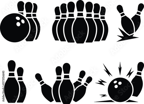 Bowling ball and pins icon set, black silhouette vector illustration, sports equipment, strike, leisure activity, isolated, simple design, white background