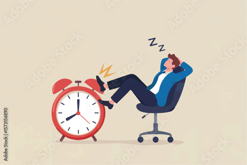 Tired businessman resting in office chair with feet on alarm clock ignoring the ringing and sleeping with zzz symbols isolated on transparent background