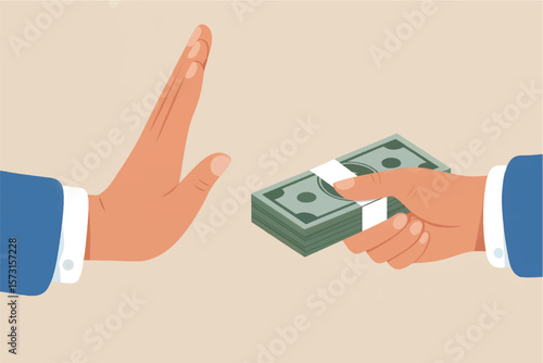 Person firmly refusing to accept a bribe or illicit payment by holding up their hand in a stop gesture isolated on transparent background