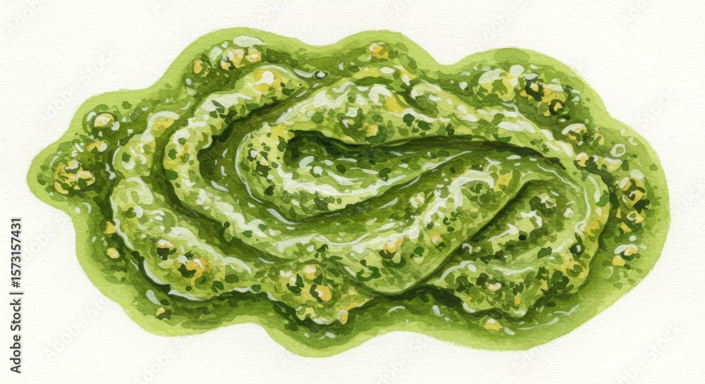 Obraz premium Swirled Pesto Sauce with Basil - A vibrant swirl of pesto sauce, rich in basil and other herbs, sits on a pristine white background.