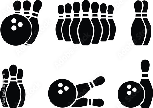 Set of bowling ball and pin icons, sports symbols collection, strike elements, flat black silhouette vector design, indoor game equipment illustrations