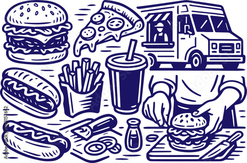 Fast food items and preparation in hand-drawn line art style