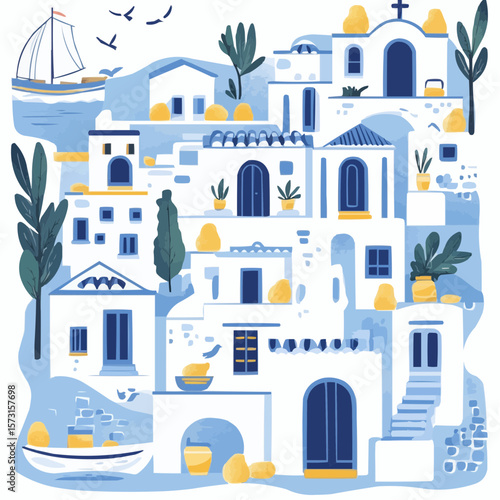Set of naive Greek island houses, olive trees, boats and lemons, ideal for greeting cards, nursery decor, digital paper and cheerful printable designs
