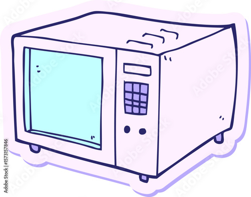 sticker of a cartoon microwave in bright neon color