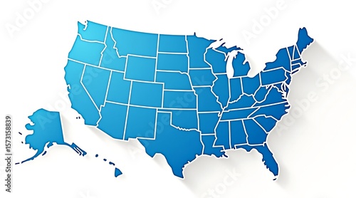 Blue United States map with white state borders and shadow america nation