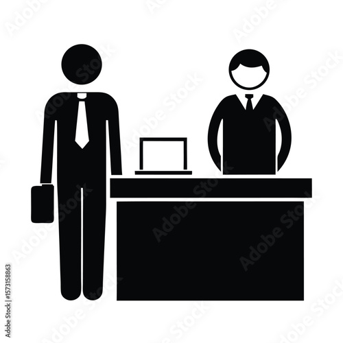 airport reception desk icon, silhouette vector symbol for check-in counters, passenger assistance, and airport services