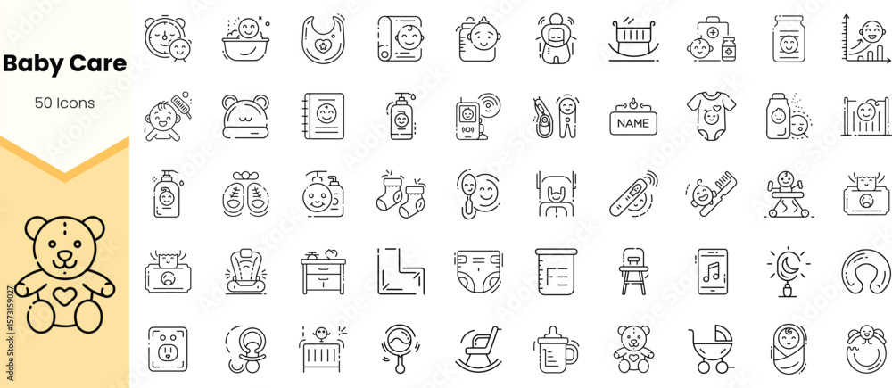 A collection of 50 baby care icons in a minimalist line art style, featuring essential items like bottles, toys, and baby products in soothing colors. A collection of 50 baby care icons in a minimalist line art style, featuring essential items like bottles, toys, and baby products in soothing colors.