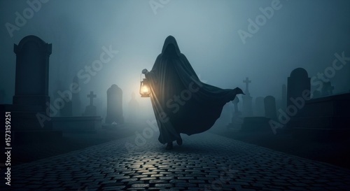 A cloaked figure with a lantern walks through a foggy graveyard at night with tombstones around them