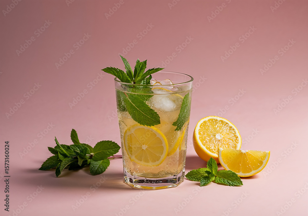 Fototapeta premium Bright Minimalist Beverage Scene with Herbal Infused Drink, Citrus Slices, and Mint Leaves in Clear Glass on Pastel Background