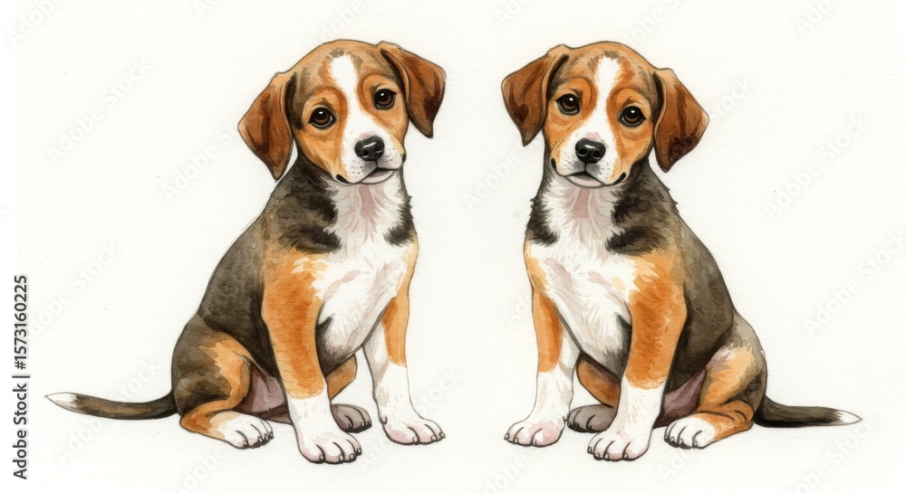 Adorable Beagle Puppies Sitting Together - Two cute beagle puppies sitting side by side against a white background. Perfect for pet lovers, websites, and advertising Adorable Beagle Puppies Sitting Together - Two cute beagle puppies sitting side by side against a white background. Perfect for pet lovers, websites, and advertising