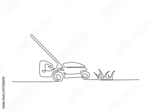 Lawn mower machine in single outline illustration. Continuous line art drawing of grass cutter machine.
