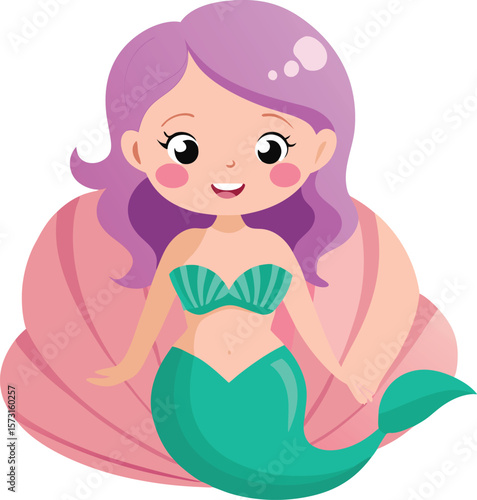 mermaid with seashell bikini and shy smile in kawaii style
