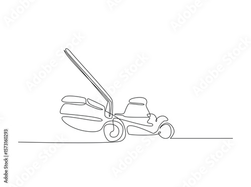 Lawn mower machine in single outline illustration. Continuous line art drawing of grass cutter machine.