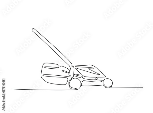Lawn mower machine in single outline illustration. Continuous line art drawing of grass cutter machine.