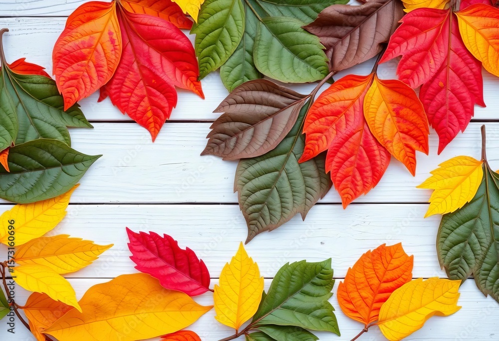 Obraz premium Vibrant jackfruit leaves, various ages, arranged on white wood Seasonal change, nature's cycle, wood texture, vibrant