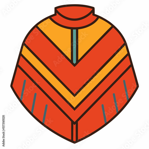 Colorful geometric poncho with v shaped stripes and fringe details