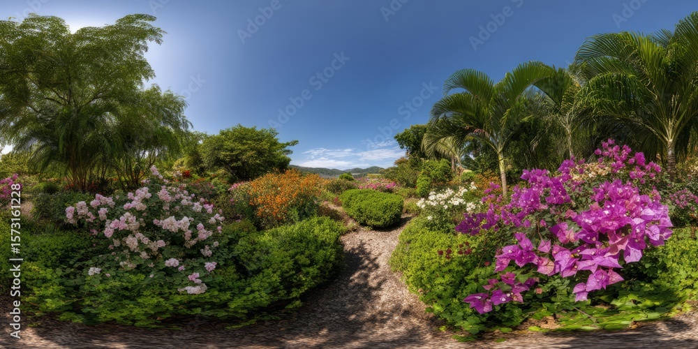 Fototapeta premium Vibrant floral garden hdr 360 degrees view nature lush environment