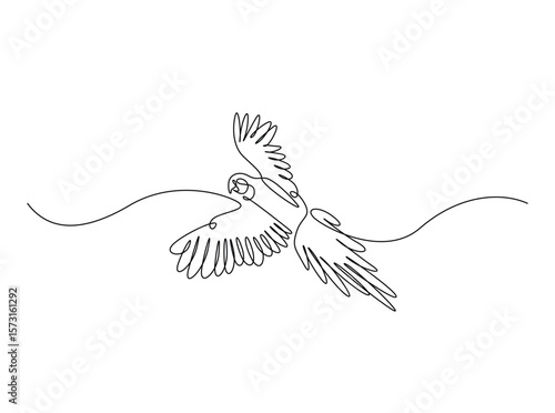 Flying parrot bird in single outline illustration. Continuous line art drawing of cockatoo bird.