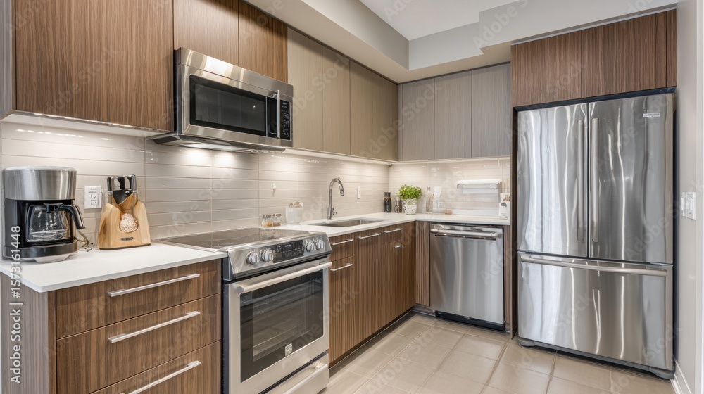 Fototapeta premium Modern kitchen with stainless steel appliances and wood cabinets