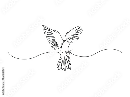 Flying parrot bird in single outline illustration. Continuous line art drawing of cockatoo bird.