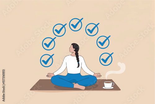 Woman meditating with crossed legs and hands in mudra pose surrounded by blue checkmarks in circles symbolizing task completion and success isolated on transparent background