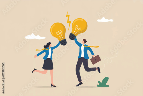 Two business people running with bright yellow light bulbs symbolizing innovation and collaboration isolated on transparent background