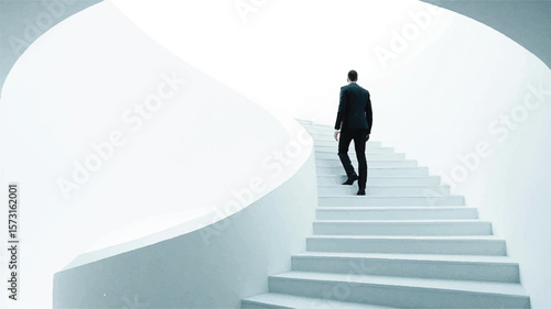 Attractive young European businessman walking on concrete stairs with mock up place success finance and career growth concept Art & Illustration.