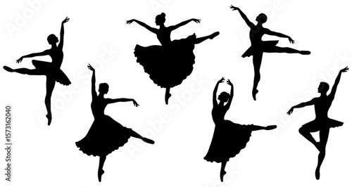 Ballet Dancer Silhouettes – Graceful Ballerinas in Motion Poses with Tutu Dresses for Dance Studio, Performance Art, or Vector Use