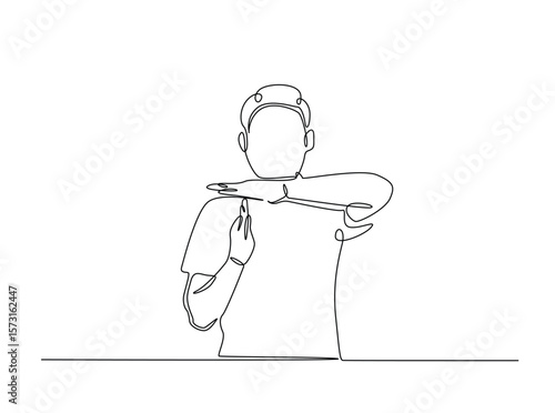 Man showing time-out hand gesture in single outline illustration. Continuous line art drawing of break time hand sign.