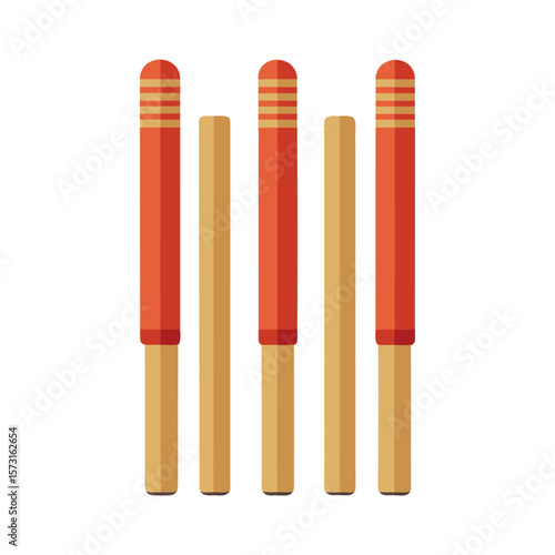 Five cricket wickets with red bails and wooden stumps on a white background