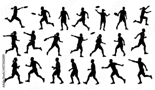 Dynamic Collection of Ultimate Frisbee Player Silhouettes – Featuring Male and Female Athletes in Various Running, Throwing, and Catching Poses for Sports and Fitness Designs