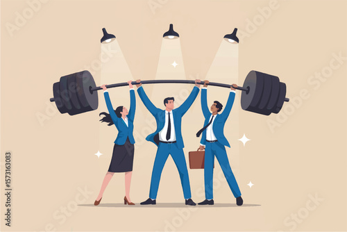 Diverse business team lifting heavy barbell together symbolizing teamwork strength and achieving success in a collaborative effort isolated on transparent background