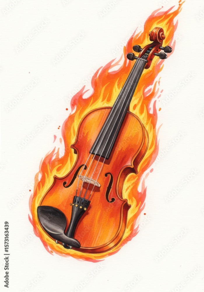 Fototapeta premium Fiery Violin Rhapsody - A violin engulfed in vibrant flames, a striking suggesting passion, intensity, or musical fervor