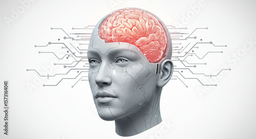 Artificial intelligence graphic featuring a female robot head with a brain design, ideal for technology and future concept designs.