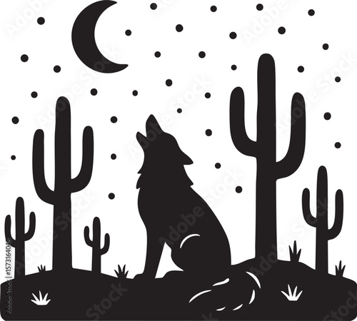 Silhouette of a Howling Wolf Under a Crescent Moon in a Desert Landscape with Cacti