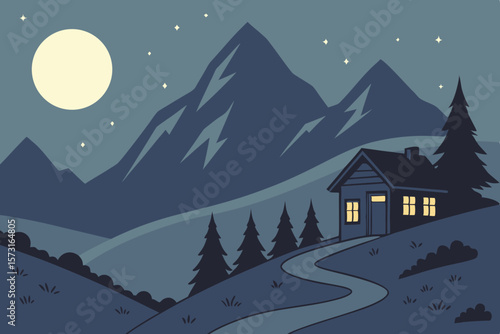 Cozy cabin in mountains under moonlit night sky landscape