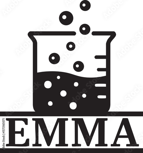 Black and White Graphic Featuring Beaker with Bubbles and the Name Emma Below It simple