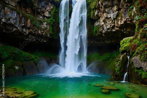 Wallpaper Mural A stunning waterfall cascades into a vibrant green pool surrounded by mosscovered rocks and vegetation, creating a serene and picturesque natural scene Torontodigital.ca
