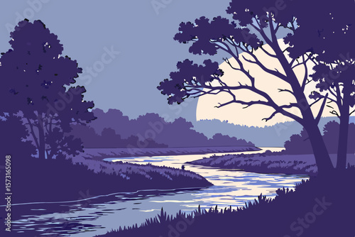 Purple river landscape with silhouetted trees and moon