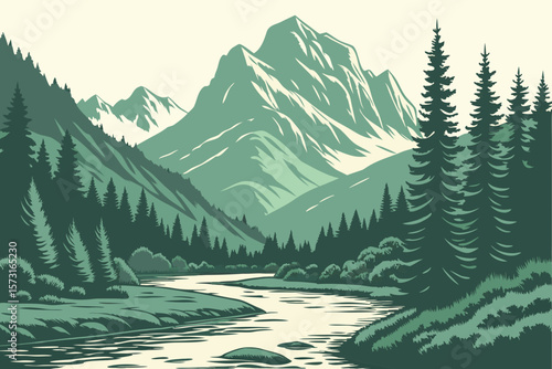 Serene Mountain River Valley with Evergreen Forest