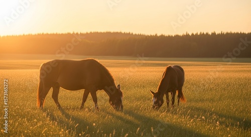 Wallpaper Mural Horses Grazing at Sunset - Two horses peacefully graze in a golden field at sunset, bathed in warm light. Serene nature scene Torontodigital.ca