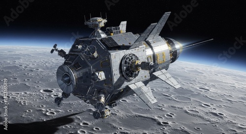 Wallpaper Mural Lunar Orbital Spacecraft Above Moon Surface - A detailed of a spacecraft orbiting the moon, showcasing its intricate design and the lunar landscape below Torontodigital.ca