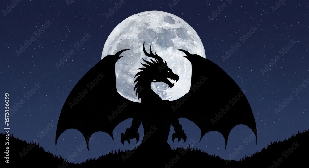 Fototapeta premium Majestic Dragon Silhouette Under the Moon - A powerful dragon silhouette stands majestically before a full moon, symbolizing strength, mystery, magic, power, and nocturnal beauty