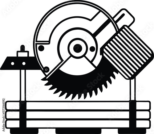 miter saw with rotating blade and fence black line art