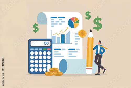 Business man with giant pencil and calculator reviewing financial report with charts and dollar signs isolated on transparent background