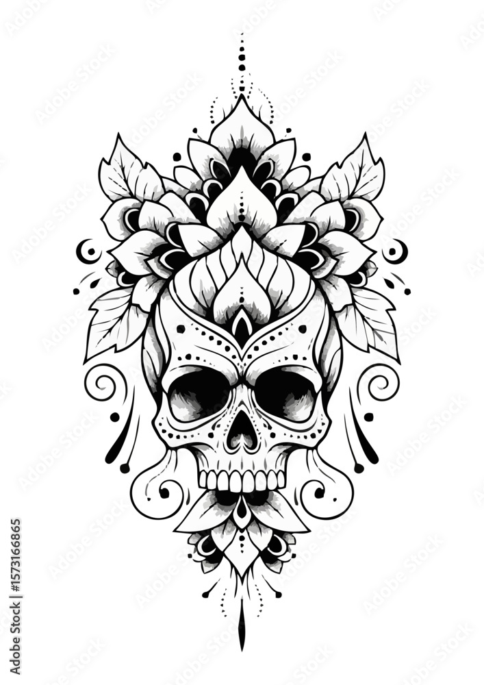 Fototapeta premium Detailed black and white skull illustration surrounded by floral elements