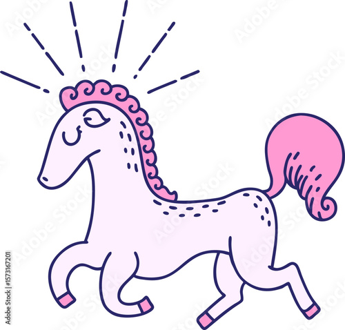 illustration of a traditional tattoo style prancing stallion in bright neon color